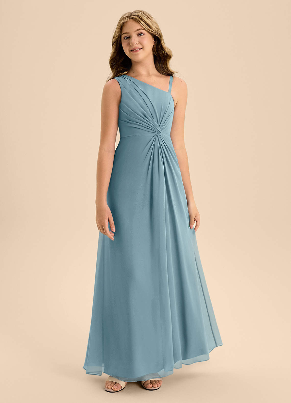 Azazie Brooke Junior Abito A-Line in Chiffon Spacco Laterale Blu Lunatico image4