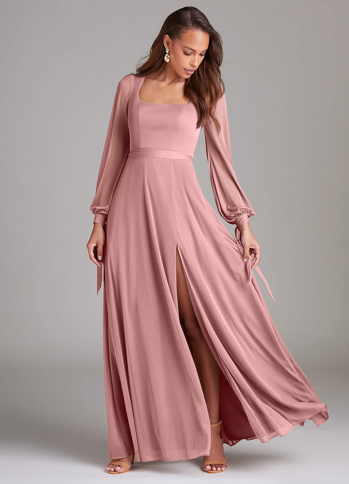 Azazie Leonia Venta Final Vestido de Black de Malla de Corte en A con Manga larga image1