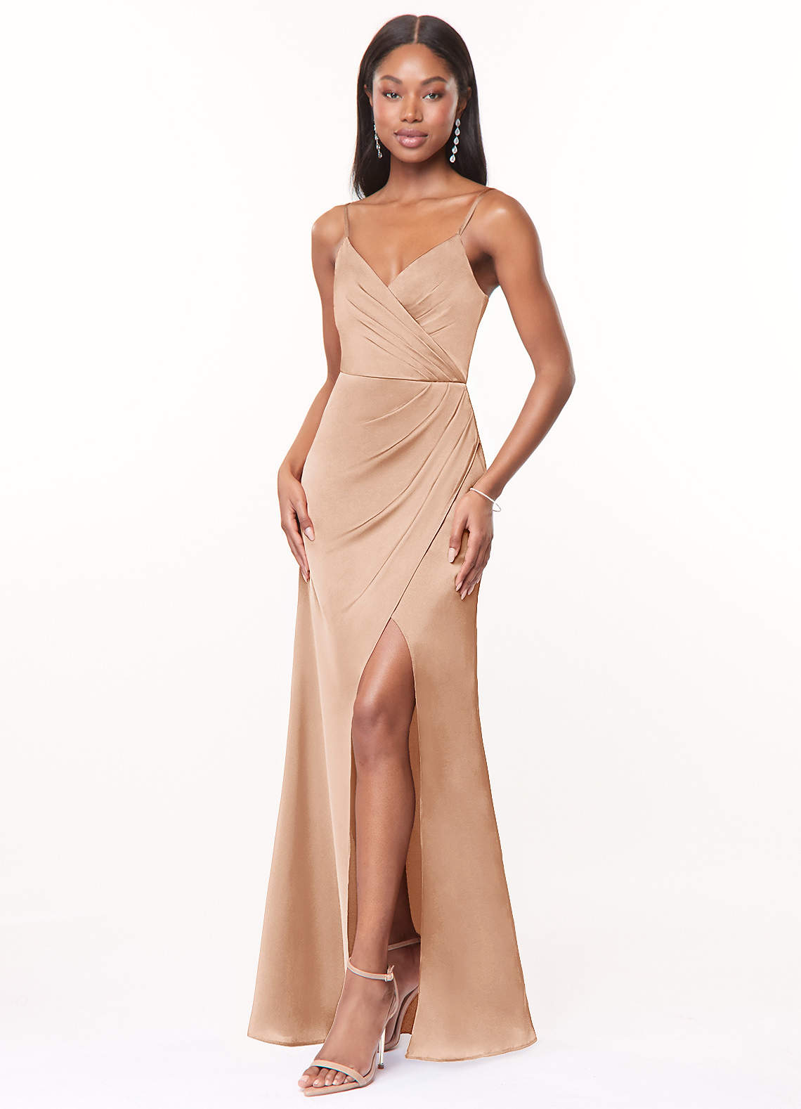 Azazie Maci Bridesmaid Dresses English Rose A-Line V-Neck Pleated Stretch Satin Dress image3