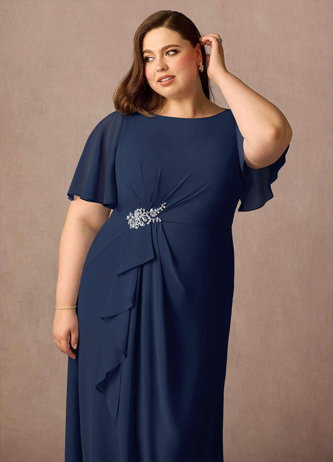 Azazie Rain Abiti per la Madre della Sposa Abito Tubino in Chiffon Perline Marino Scuro image6