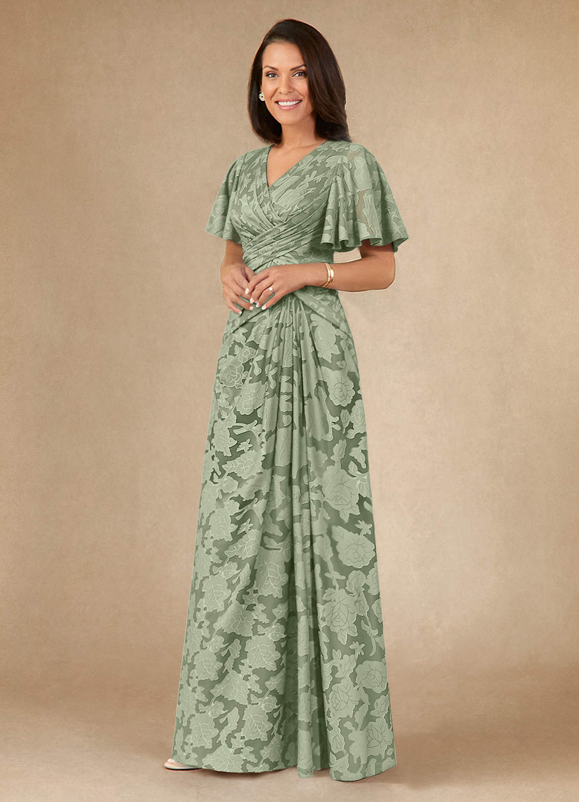 Azazie Emmeline Mother of the Bride Dresses Dusty Sage A-Line Pleated Floral Burnout Dress image2