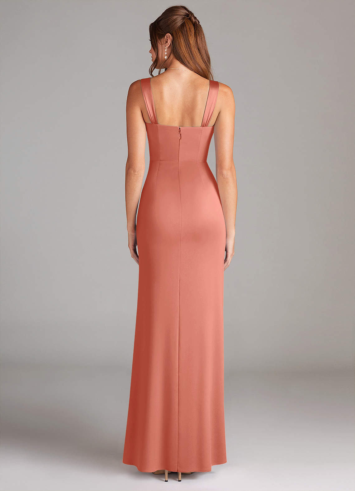Azazie Denice Salmon Pink Stretch Satin Bridesmaid Dresses | Azazie