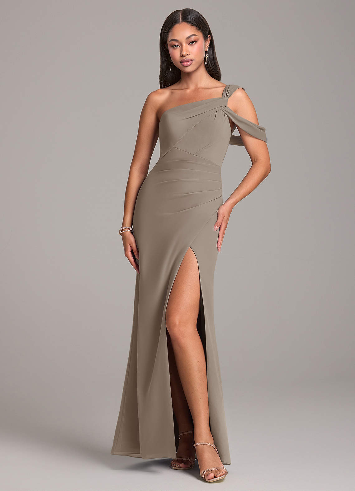 Azazie Wynter Bridesmaid Dresses Taupe Sheath Off the Shoulder Chiffon Dress image1