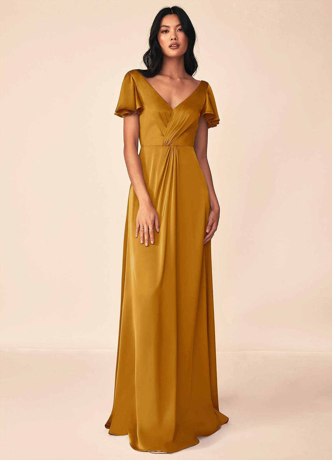 Azazie Soren Bridesmaid Dresses Butterscotch A-Line Pleated Stretch Satin Dress image1