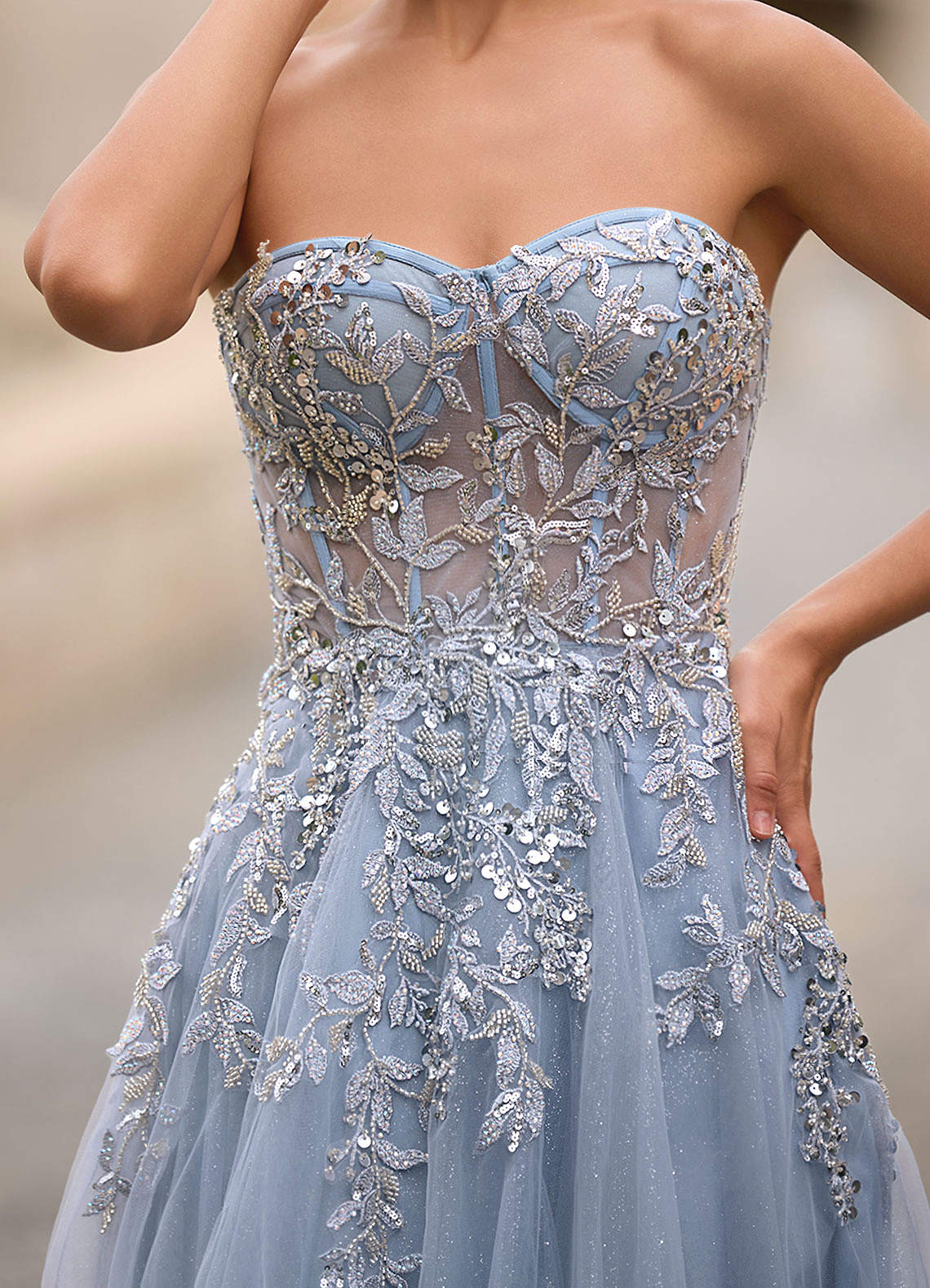 Azazie Celeste Dusty Blue Rhinestone Sheer Lace Prom Dress