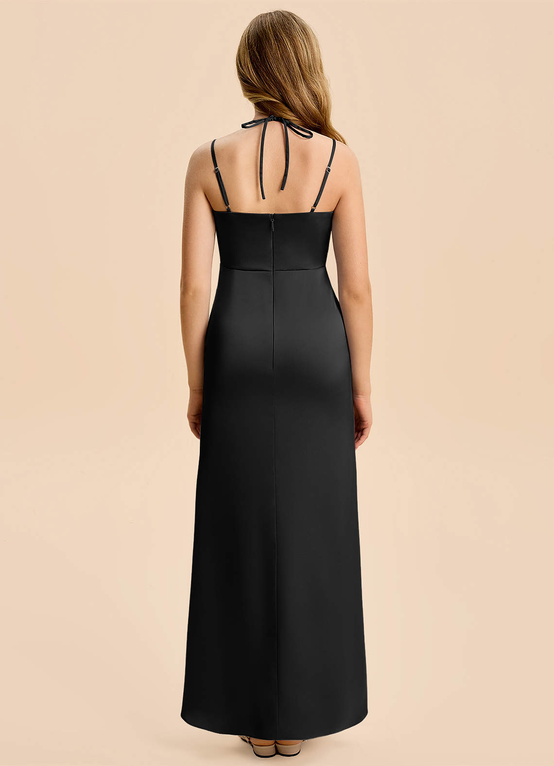Azazie Nova Junior Black A-Line Pleated Stretch Satin Dress image1