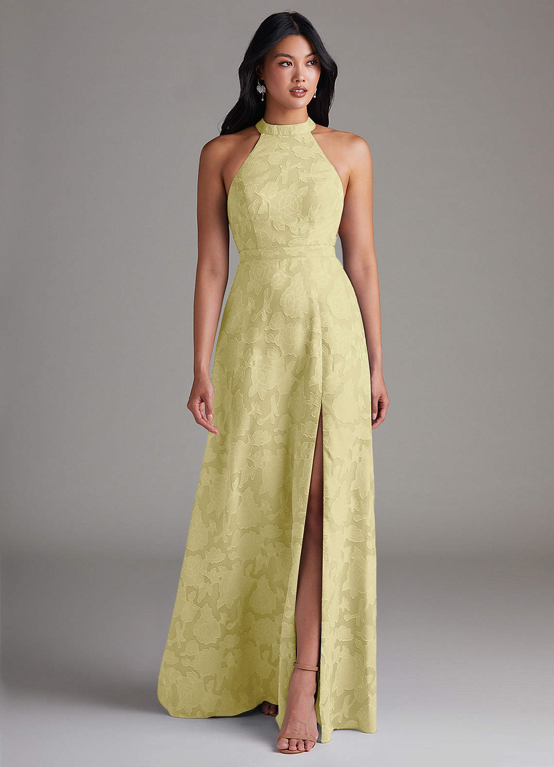 Azazie Clarice Bridesmaid Dresses Lemon Sorbet A-Line Side Slit Floral Burnout Dress image1