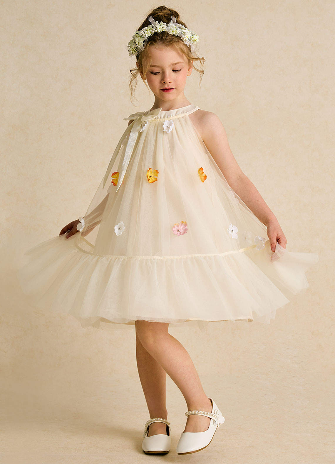 Azazie Lemon Flower Girl Dresses Champagne A-Line Bow Tulle Dress image1