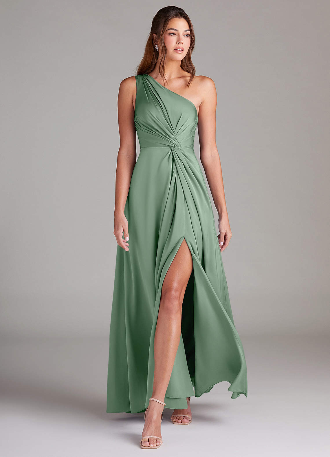 Azazie Brooke Jurken voor bruidsmeisjes Jurk van Stretch Satijn met A-Lijn One-Shoulder Matcha image2