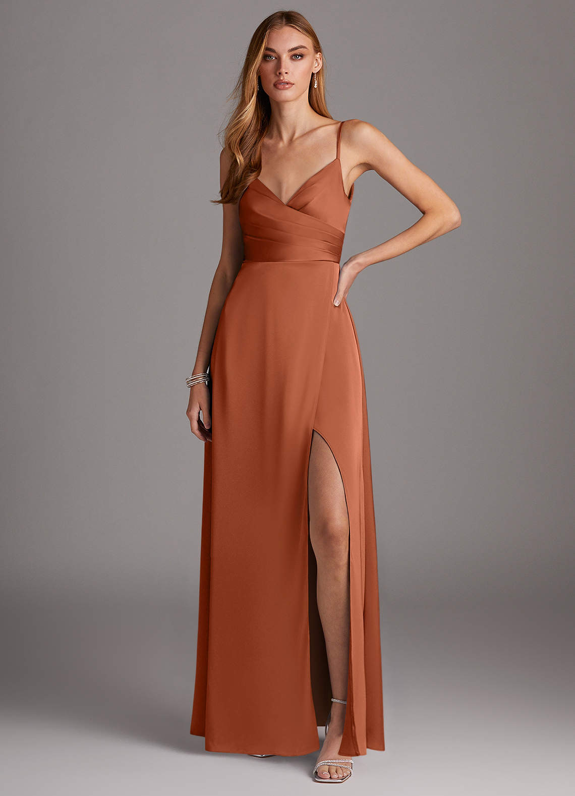 Azazie Calissa Bridesmaid Dresses Cedar Rose A-Line V-Neck Pleated Stretch Satin Dress image1