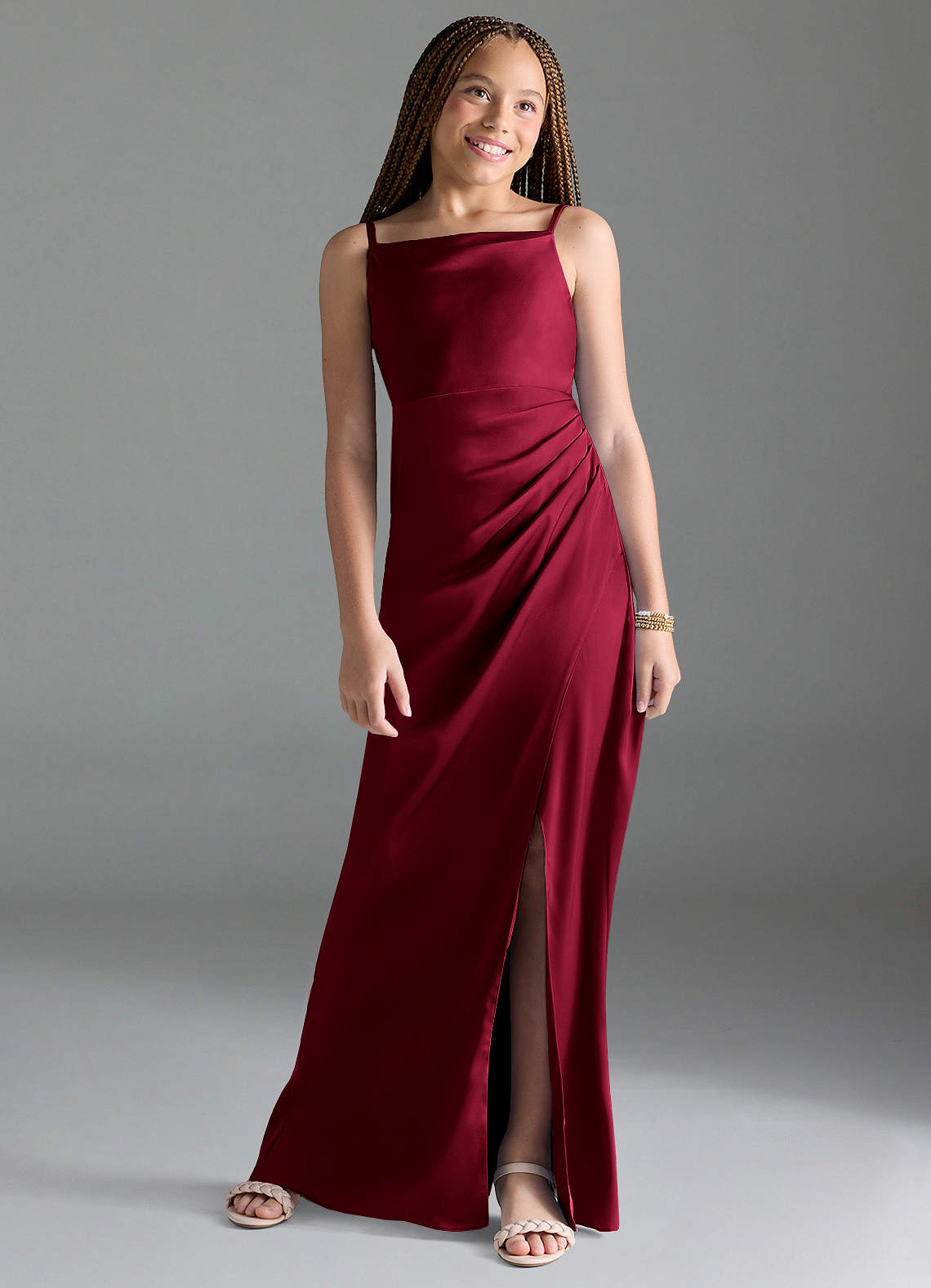 Azazie Leonis Junior Burgundy A-Line Pleated Stretch Satin Dress image1