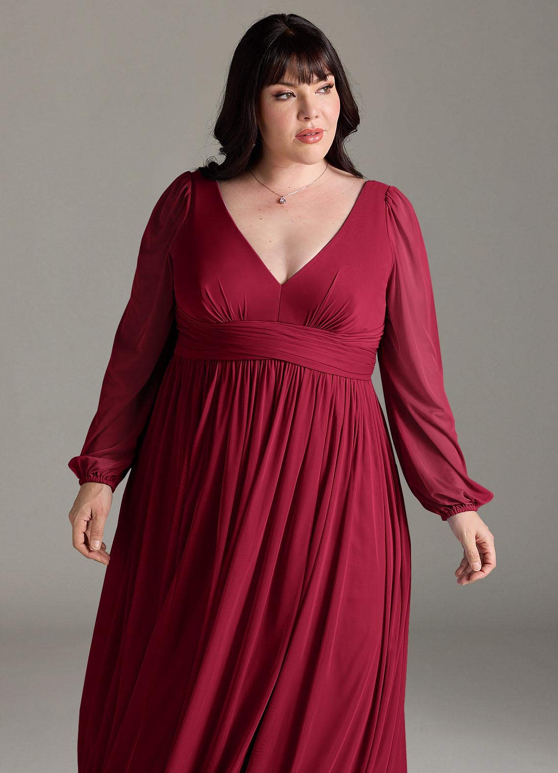 Azazie Norah Bridesmaid Dresses Burgundy A-Line V-Neck Long Sleeve Chiffon Dress image11
