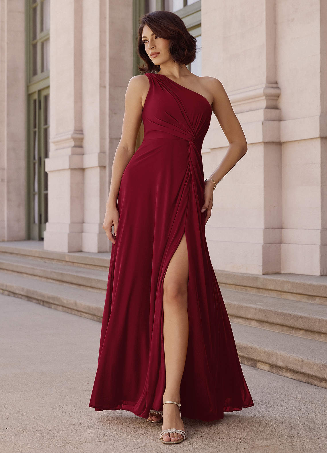 Azazie Brooke Bridesmaid Dresses Burgundy A-Line One Shoulder Chiffon Dress image1