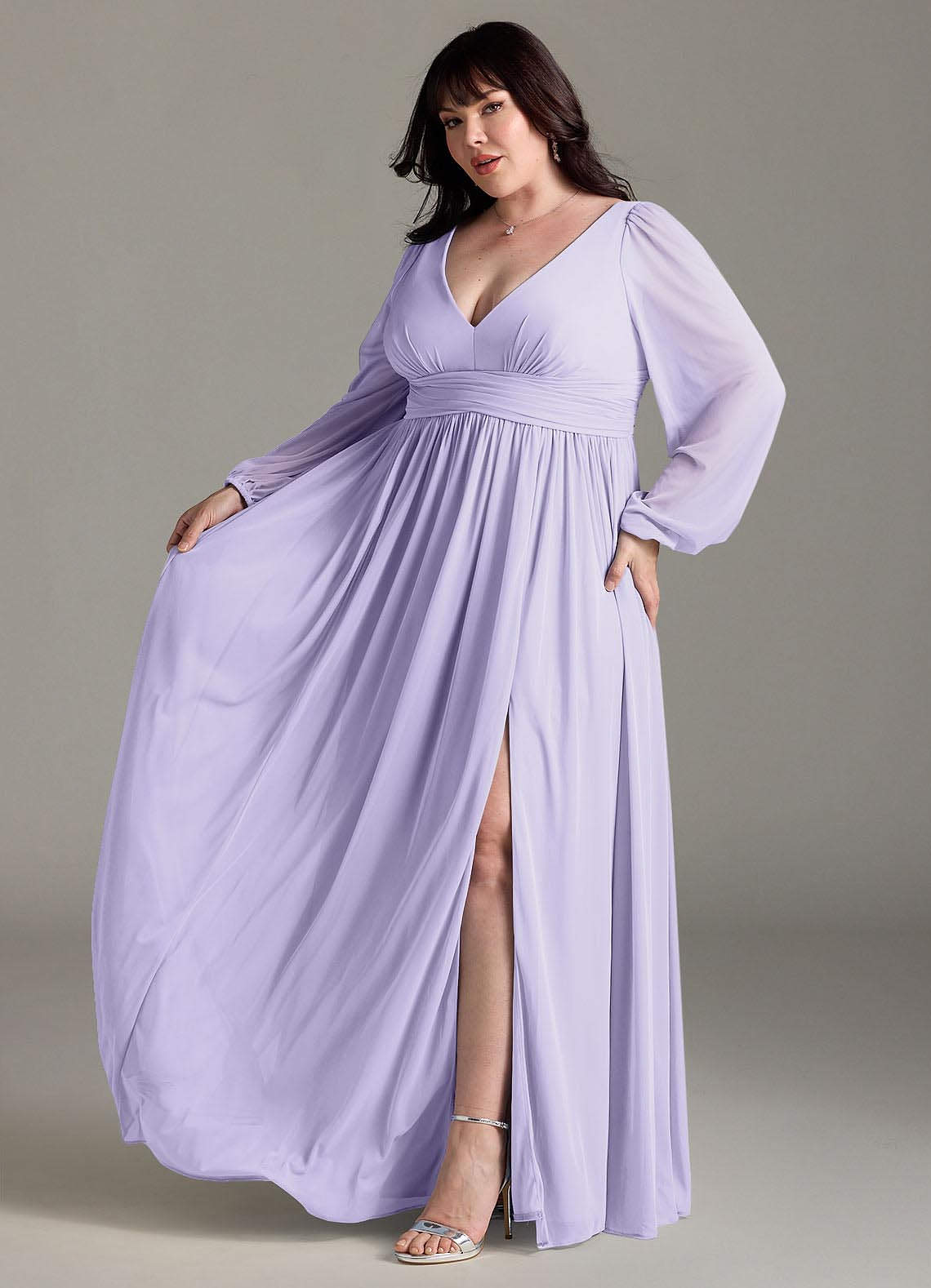 Azazie Norah Abiti da Damigella Abito A-Line in Chiffon con Maniche lunghe e Scollo a V Lilla image9