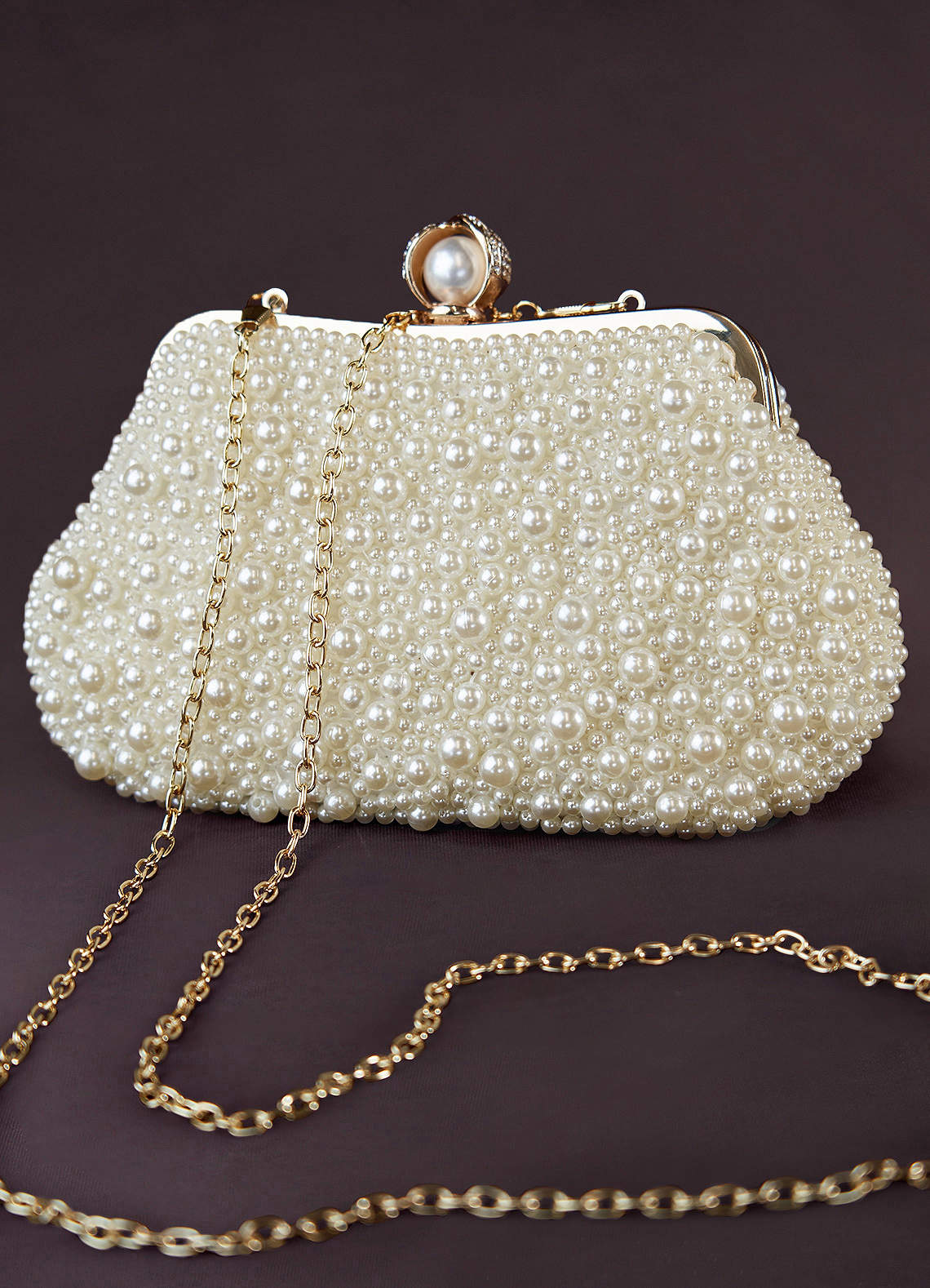 front Cream Pearl Hand Embellished Evening Clutch Bag