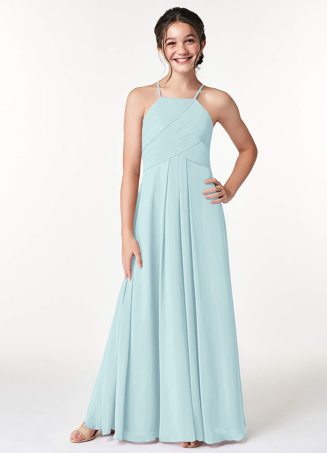 Azazie Ginger Junior Sea Glass A-Line Pleated Chiffon Dress image1