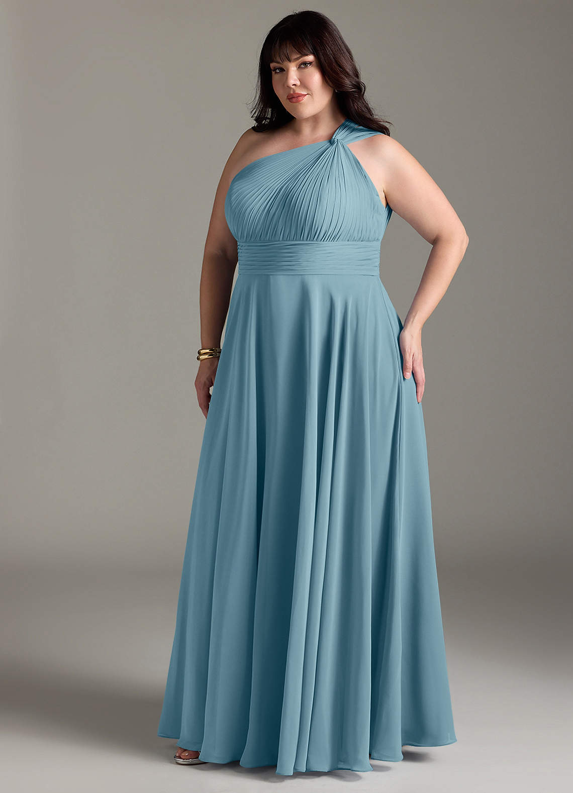 Azazie Charlize Vestidos de damas de honor Vestido de Azul Malhumorado de Gasa de Corte en A con Hombro unilateral image10