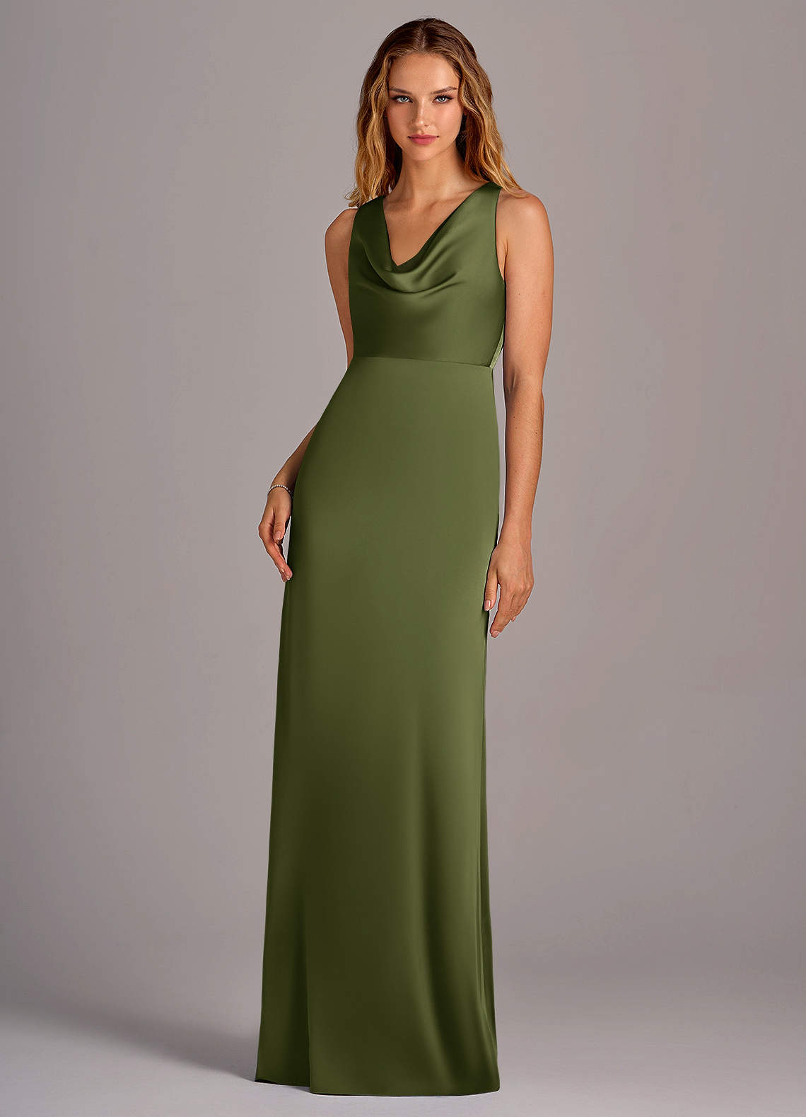 Azazie Wrenlee Bridesmaid Dresses Olive A-Line Stretch Satin Dress image1