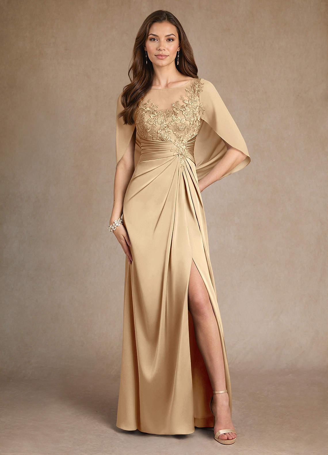 Azazie Hera Champagne A-Line Lace Stretch Satin Dress | Azazie