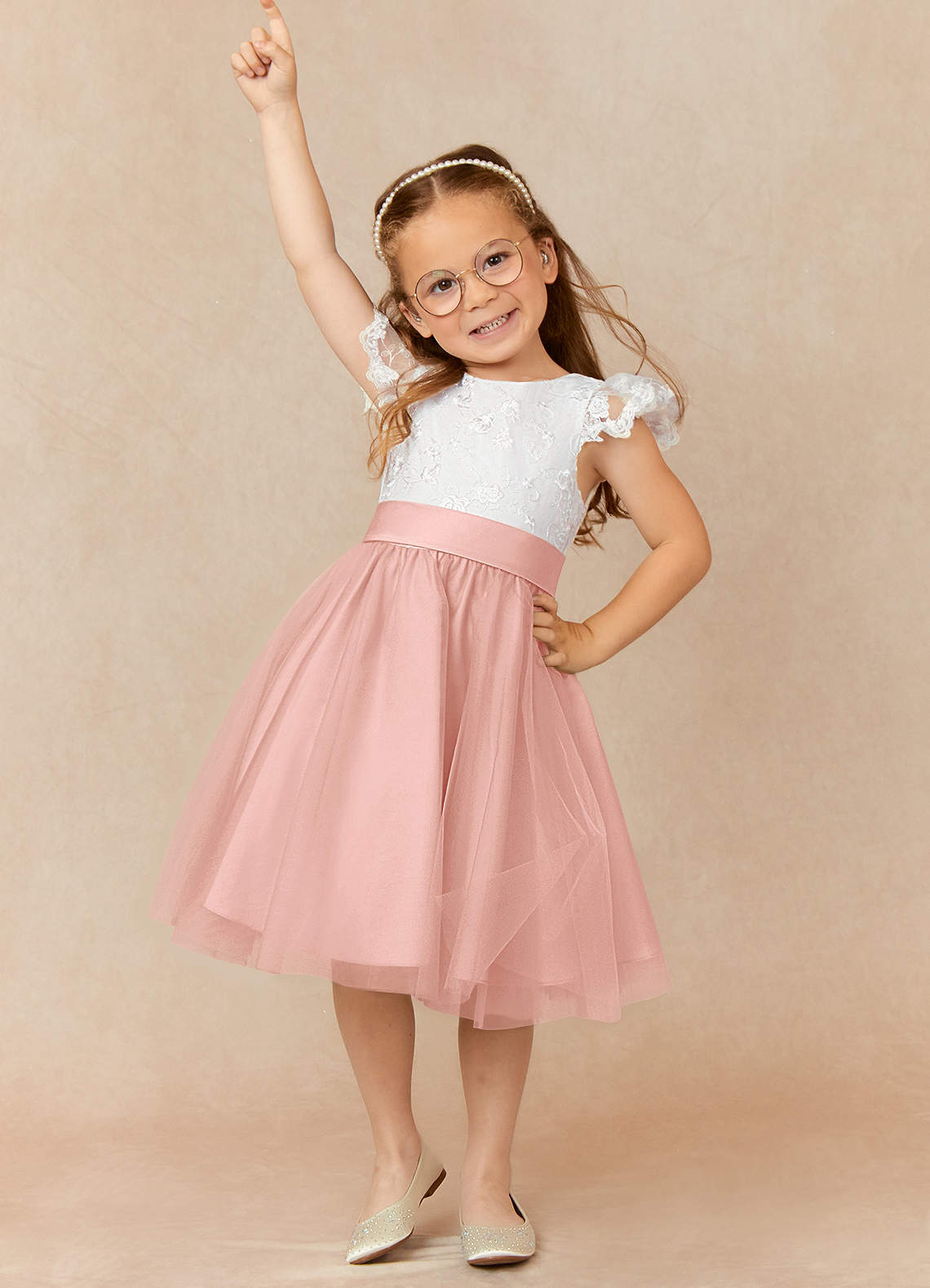 Azazie Vetty Flower Girl Dresses Ivory Rosette A-Line Lace Tulle Dress image1