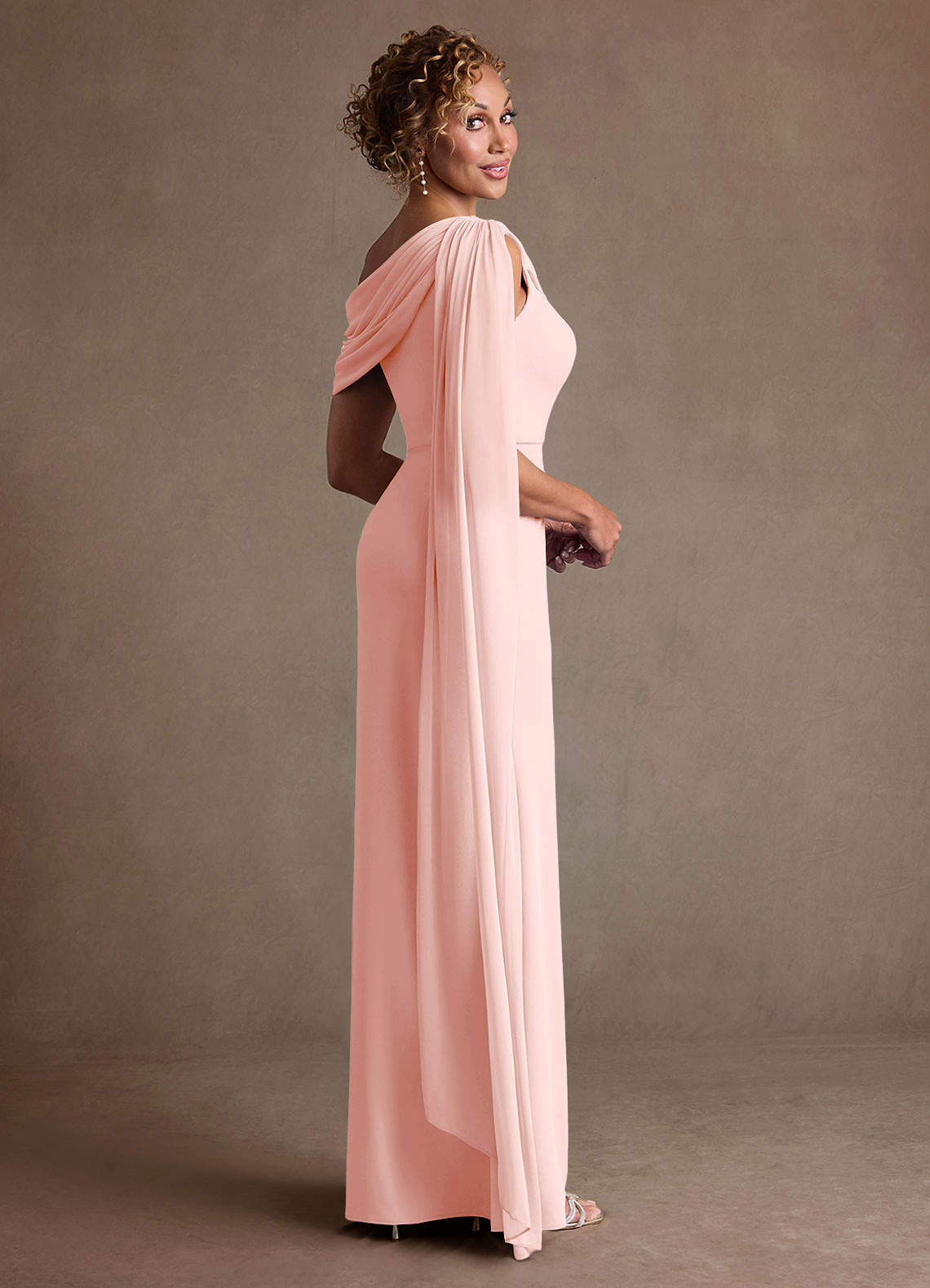 Azazie Bassi Mother of the Bride Dresses Blushing Pink Mermaid Off the Shoulder Mesh Dress image3