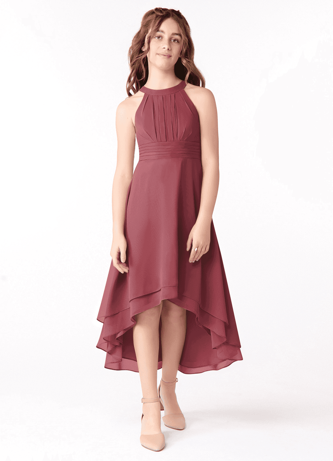 Azazie Linna Junior Vestido de Merlot de Gasa de Corte En A con Plisado image1