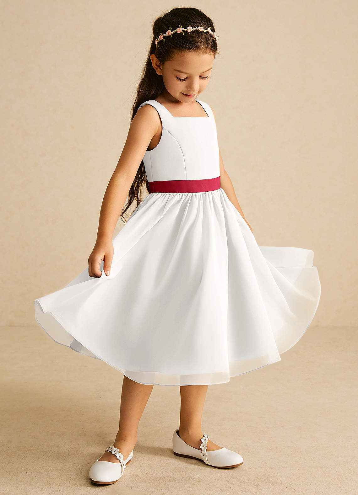 Azazie Elina Flower Girl Dresses Ivory Scarlet A-Line Sleeveless Chiffon Dress image1