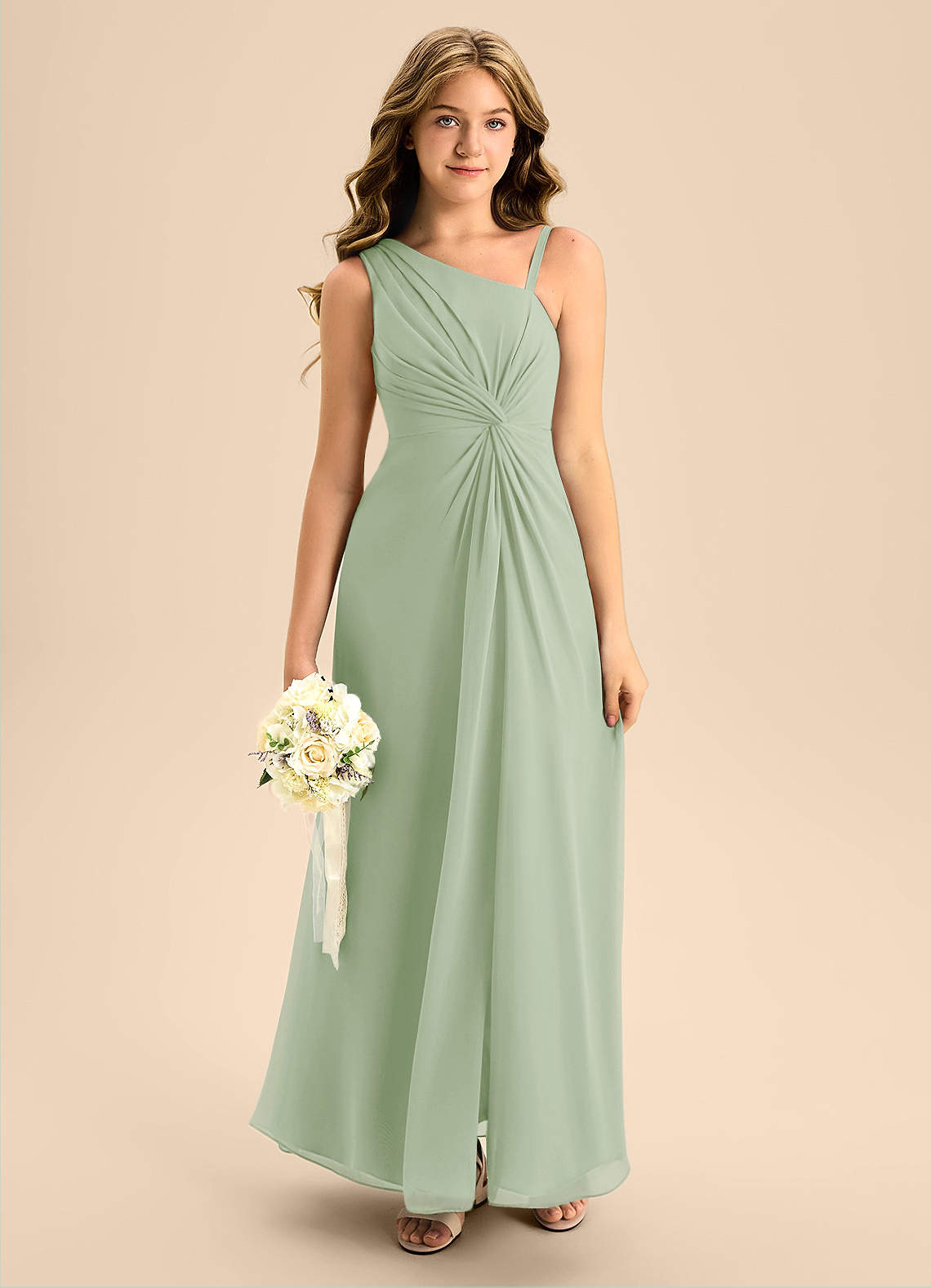 Azazie Brooke Junior Robe Trapèze en Mousseline de soie Fente Latérale Vert Sauge image1