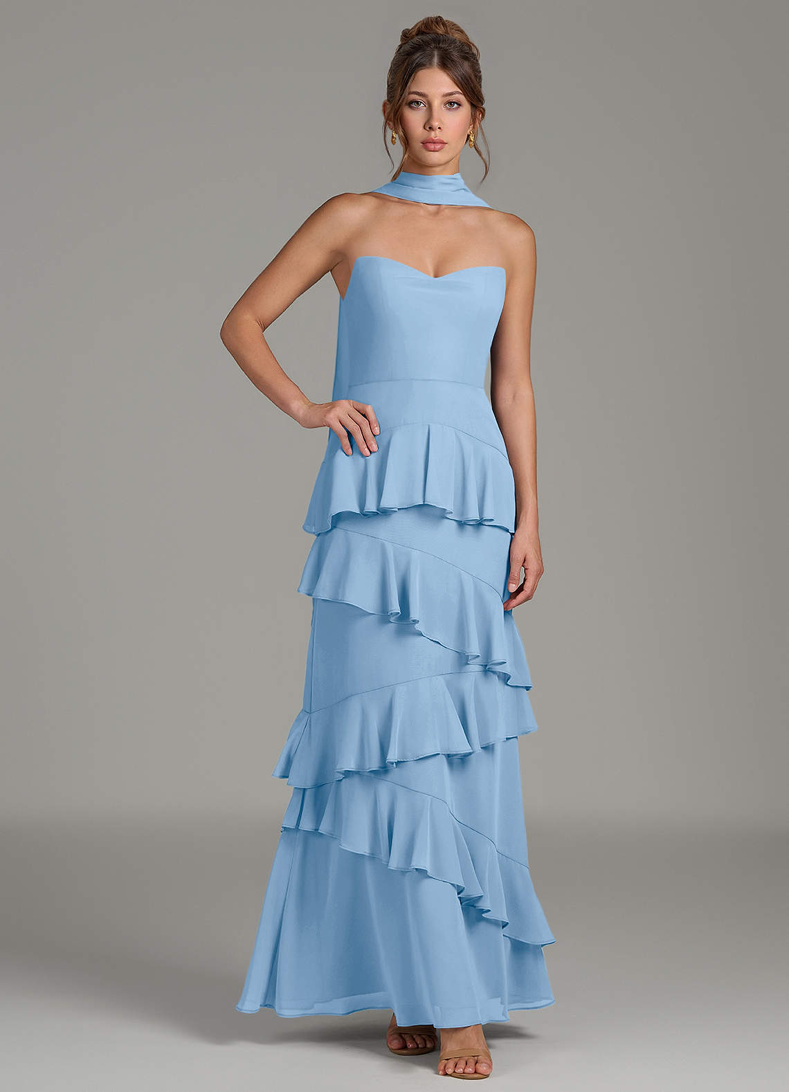 Azazie Imani Vestidos de damas de honor Vestido de Azul Pálido de Gasa de Línea A con Volante image4