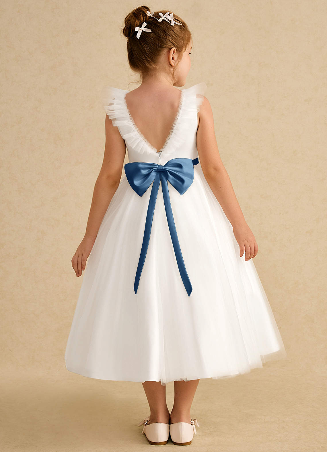 Azazie Amber Flower Girl Dresses Ivory Twilight A-Line Bow Tulle Dress image1