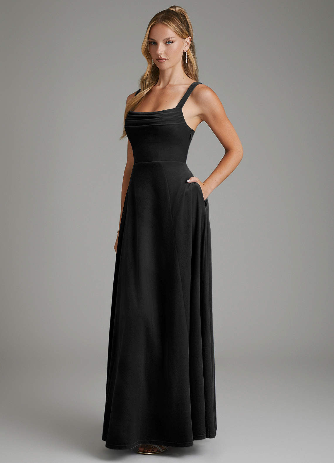 azazie black velvet dress A-Line Square Neck Floor-Length Bridesmaid Dresses 5.19.26promo KissProm Hot Pink A Rent or Buy:Rent featuring a softly pleated
