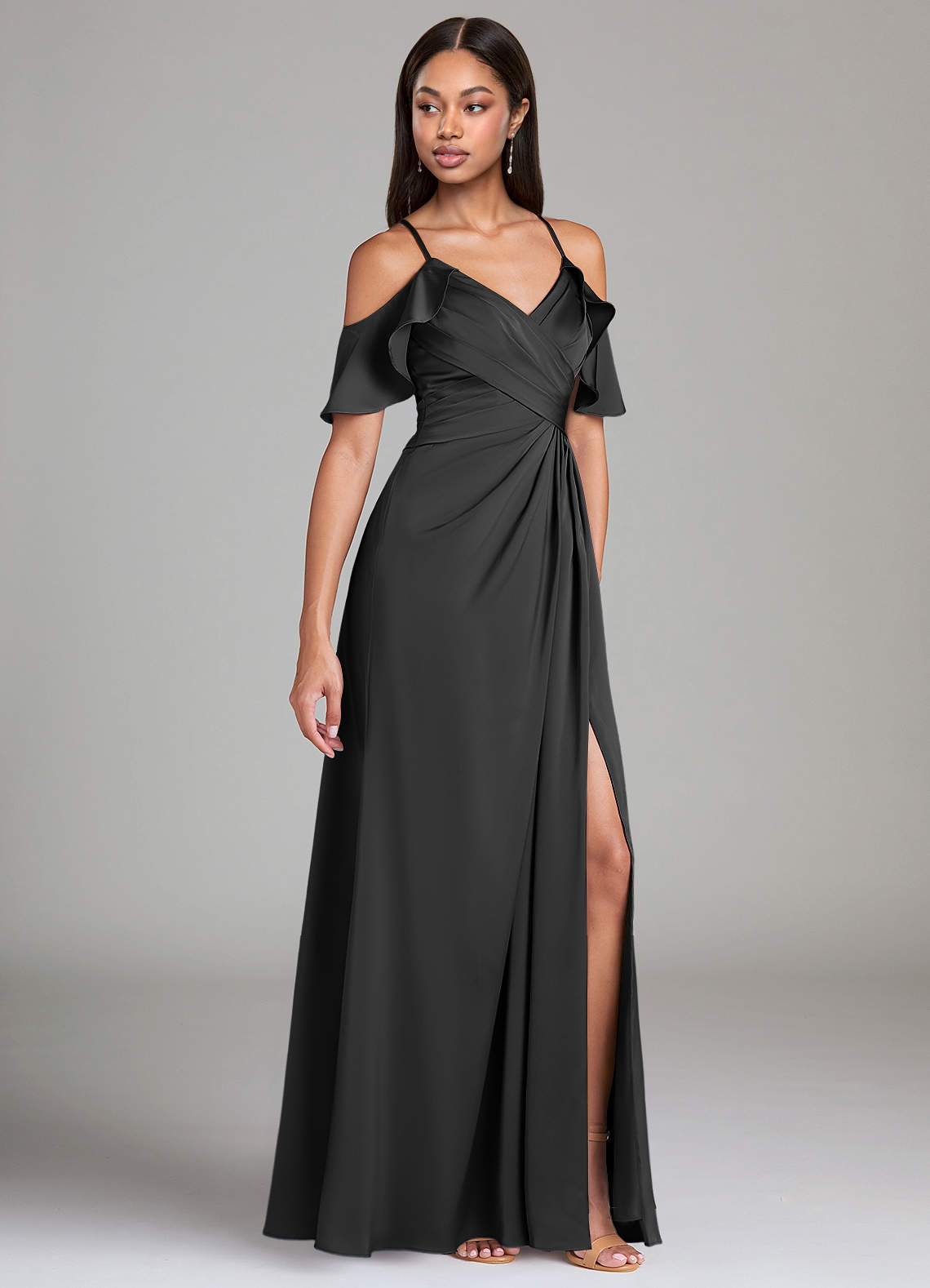 Azazie A-Line Off The Shoulder Floor-Length Stretch Satin Bridesmaid Dresses - Black