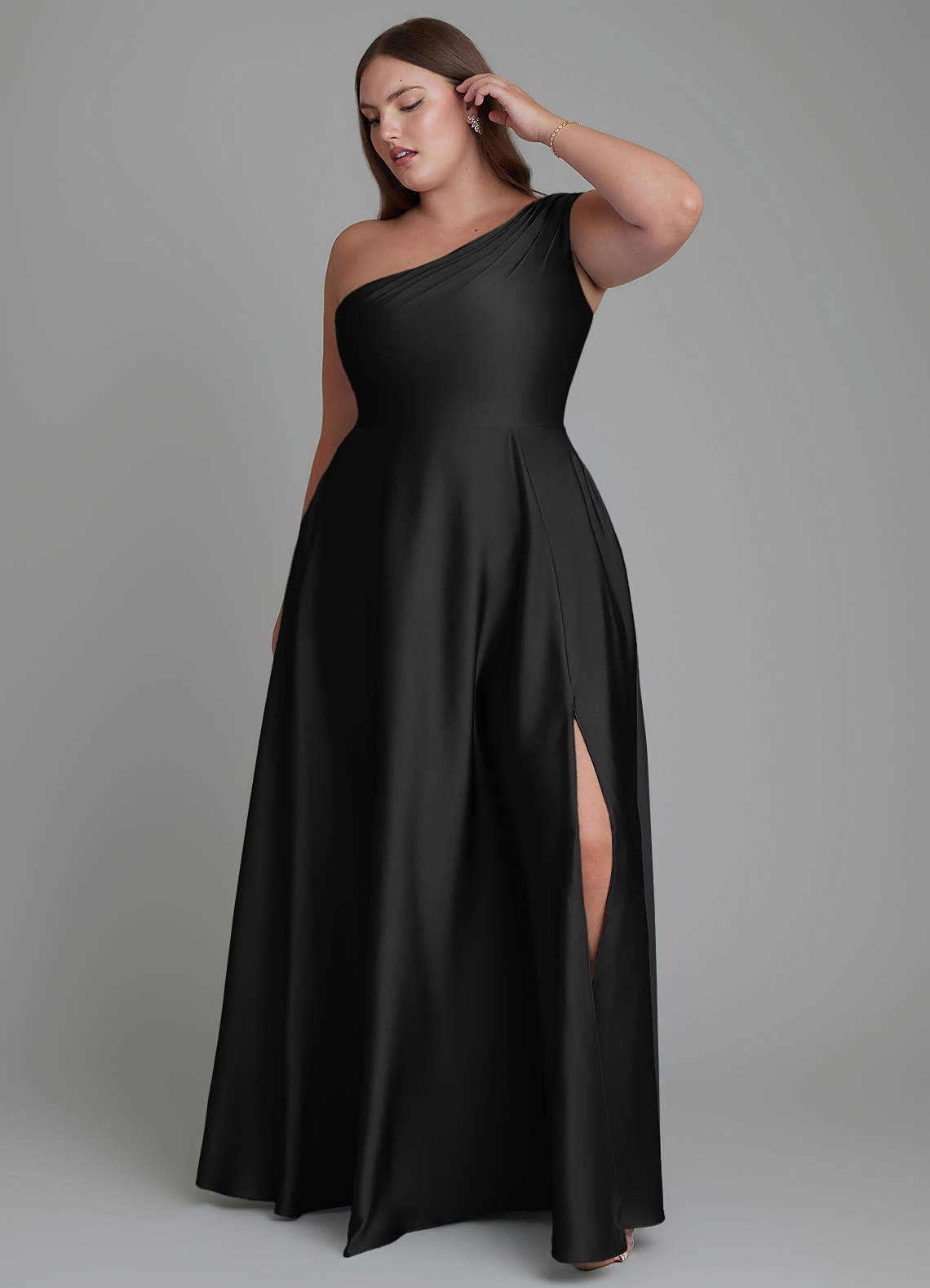 Azazie Melanie Bridesmaid Dresses Black A-Line Off the Shoulder Stretch Satin Dress image8