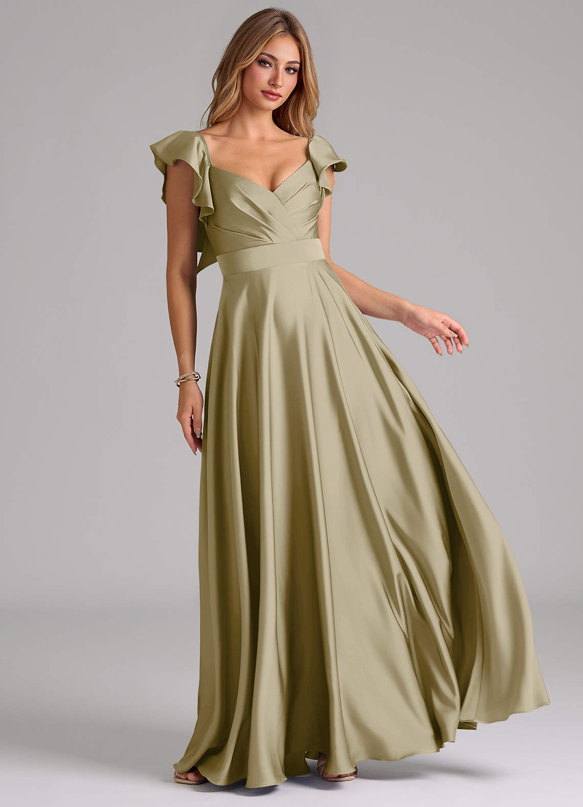 Azazie Leilani Bridesmaid Dresses Moss Green A-Line Ruched Stretch Satin Dress image1