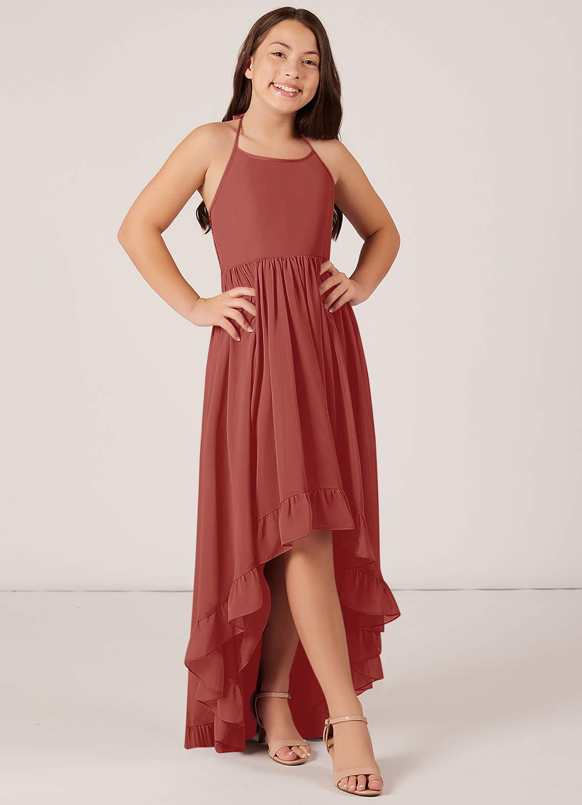 Azazie Sarafina Junior Robe Trapèze en Mousseline de soie Dentelle Terracotta image1