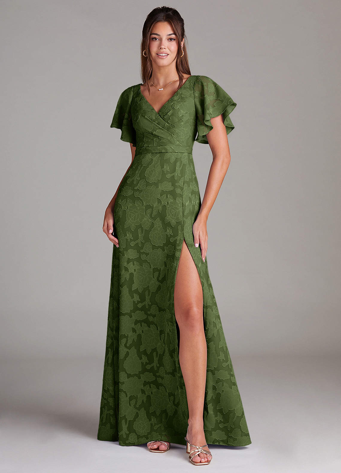 Azazie Ambrosia Bridesmaid Dresses Olive A-Line Pleated Floral Burnout Dress image1