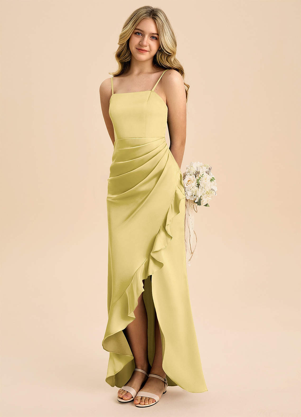 yellow junior bridesmaid dresses WEDTREND Women Sunshine Daffodil Yellow Junior Bridesmaid Dress A-Line Spaghetti Straps Ruched Satin Wedding Guest Dress, Daffodil / J8