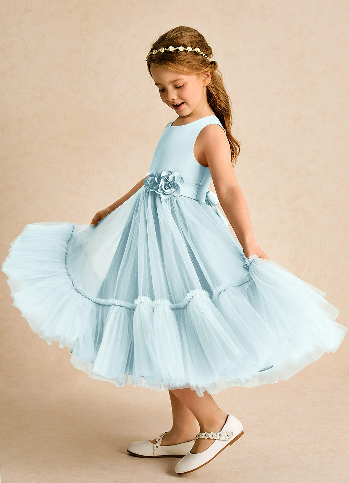 Azazie Miracle Blumenmädchenkleider A-Linie Schleifen Matte Satin Kleid Seegrün image1