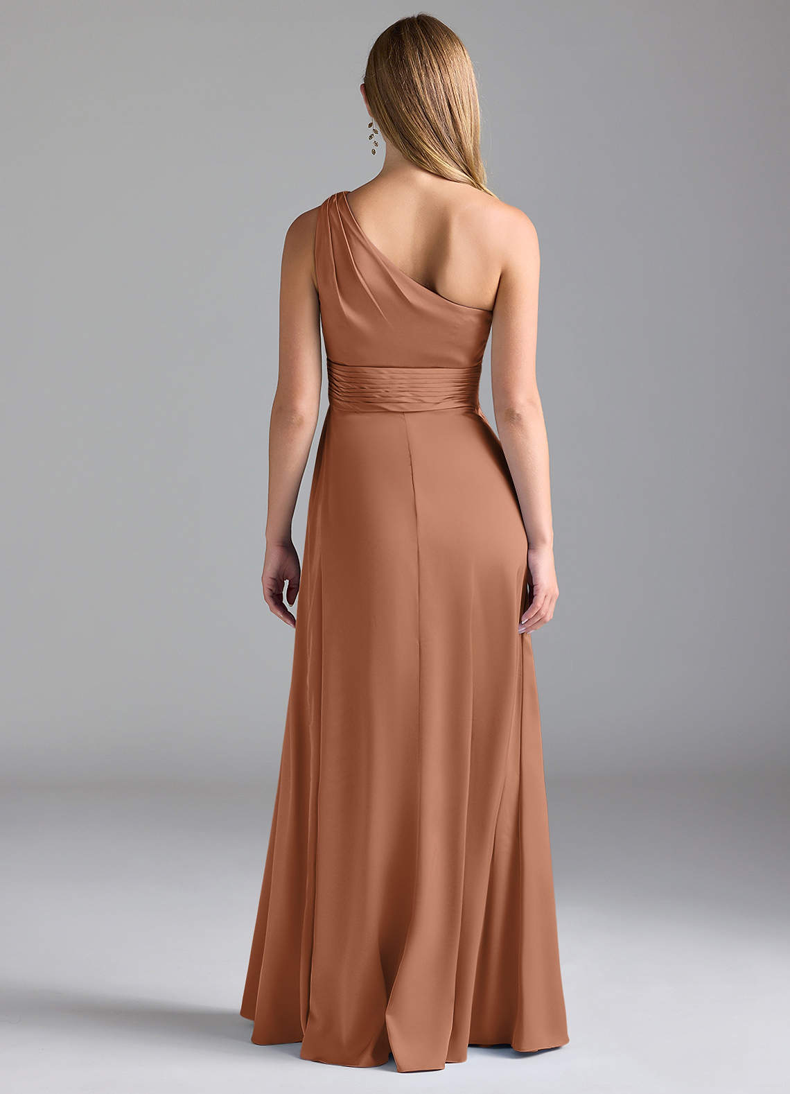 Azazie Dallas Probar vestidos en casa Vestido de Agave de Satén Elástico de Corte en A con Hombro unilateral image1