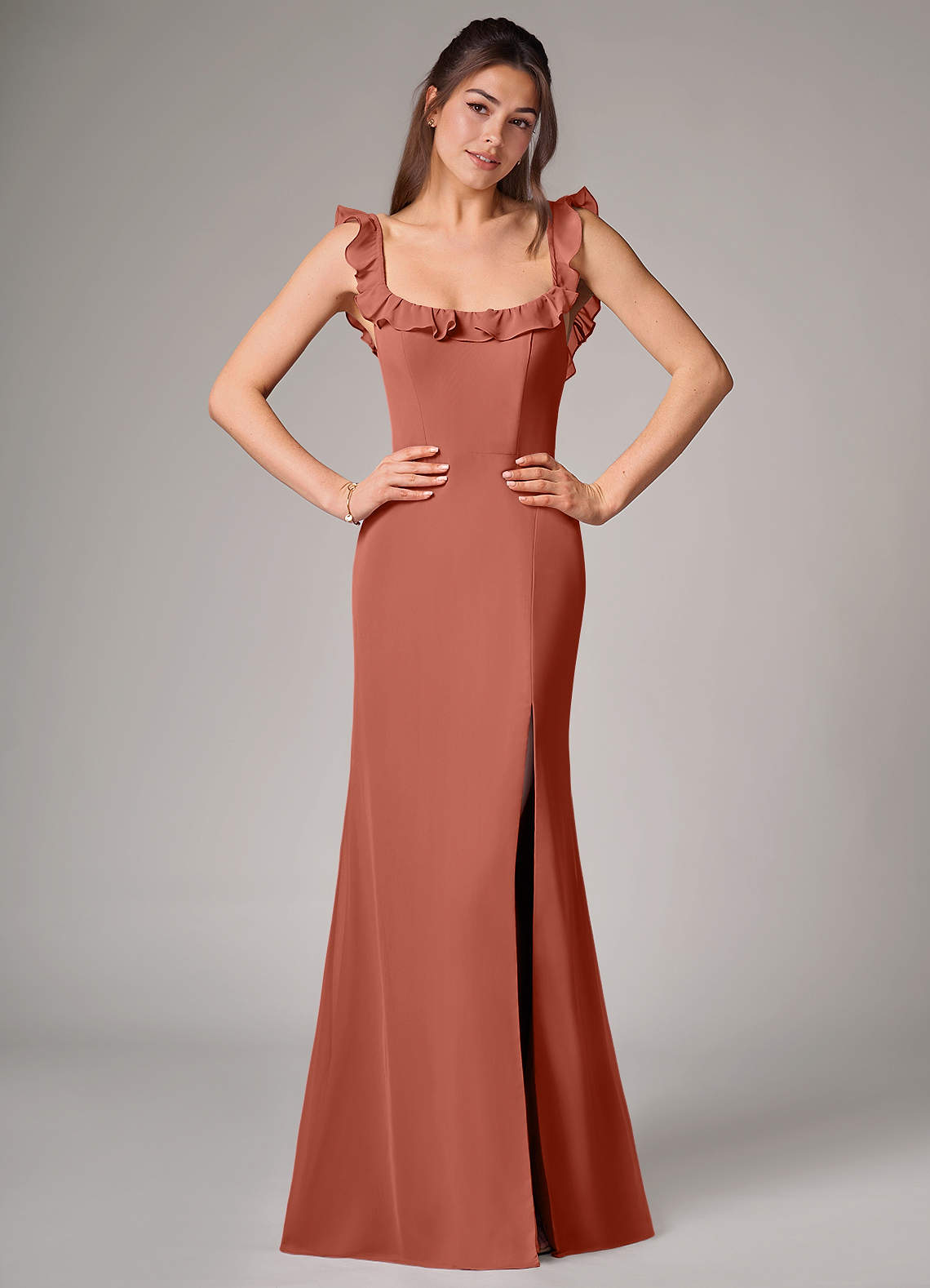 Azazie Callie Bridesmaid Dresses Clay Mermaid Side Slit Chiffon Convertible Dress image1