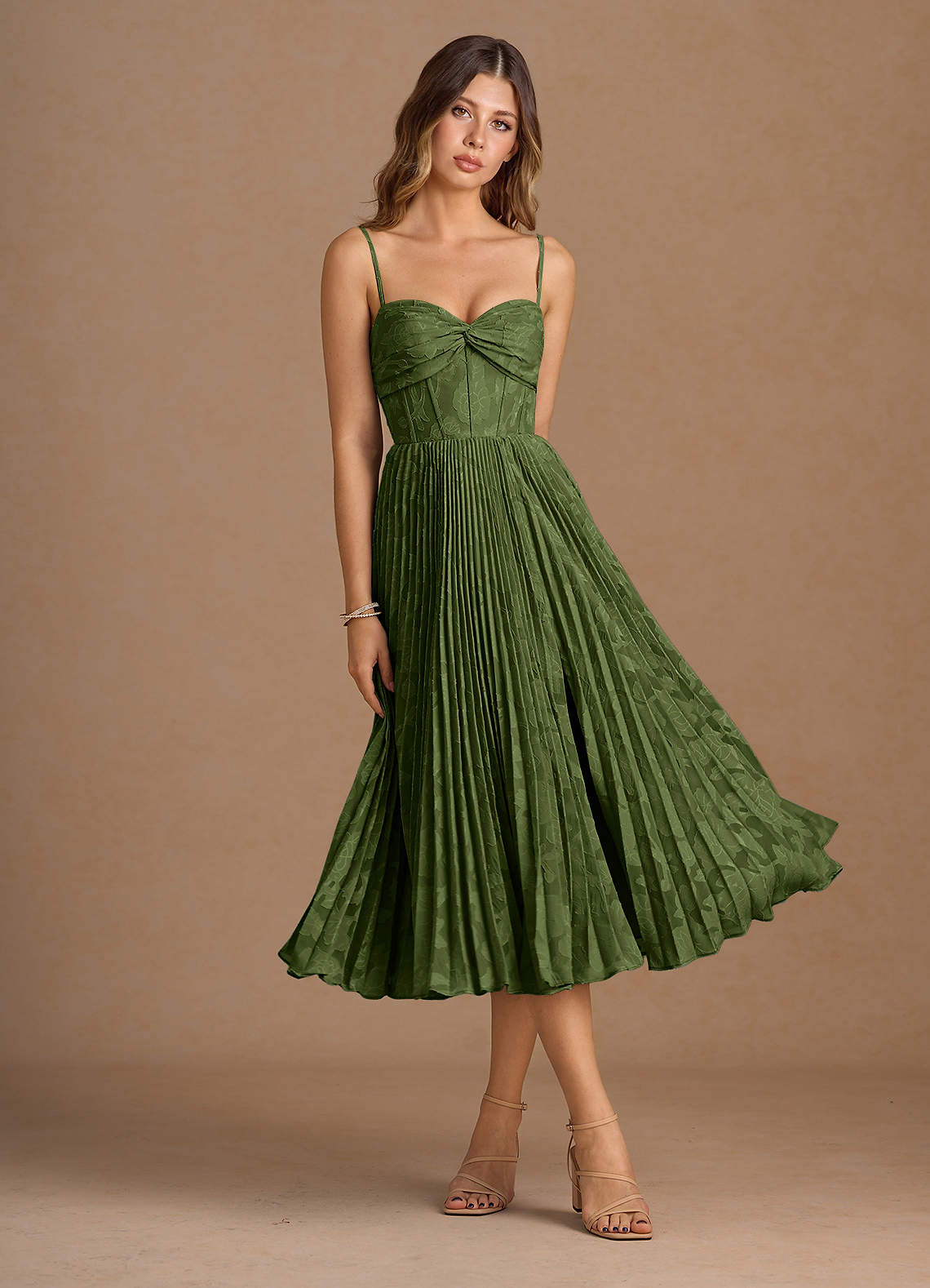 sachin and babi light blue dress Azazie Annie Olive Pleated Midi Dress for Cocktail & Party