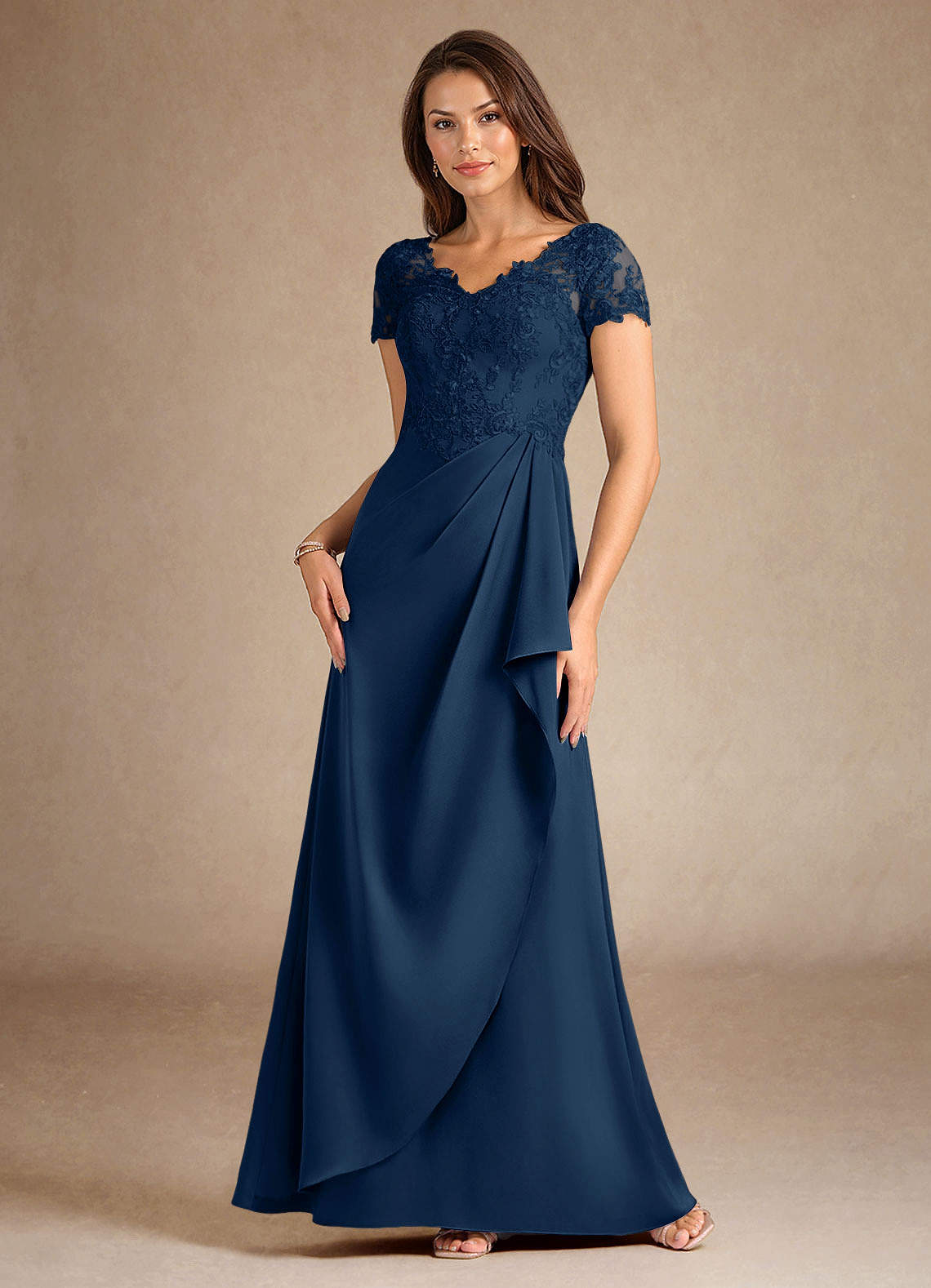 Azazie Santa Ana Dark Navy A-Line Lace Stretch Satin Dress Ready