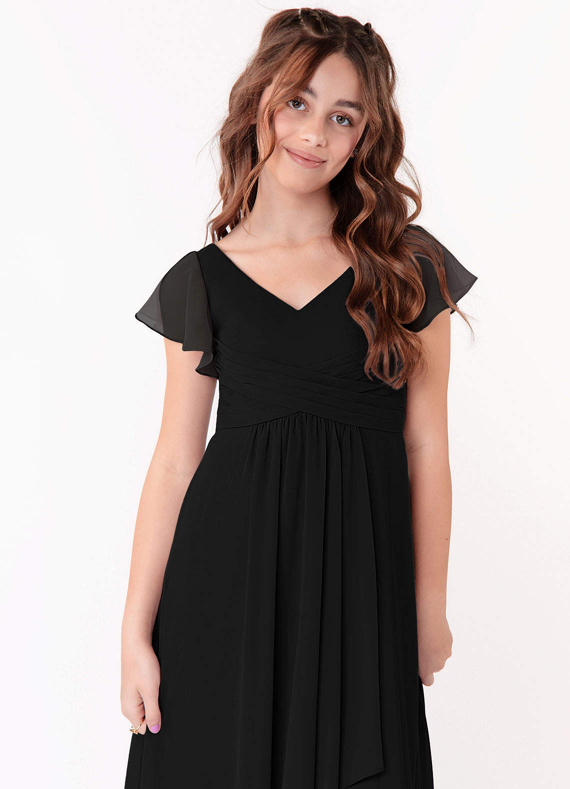 Azazie Omari Junior Vestido Preto de Chiffon de Linha A com Ruched image3