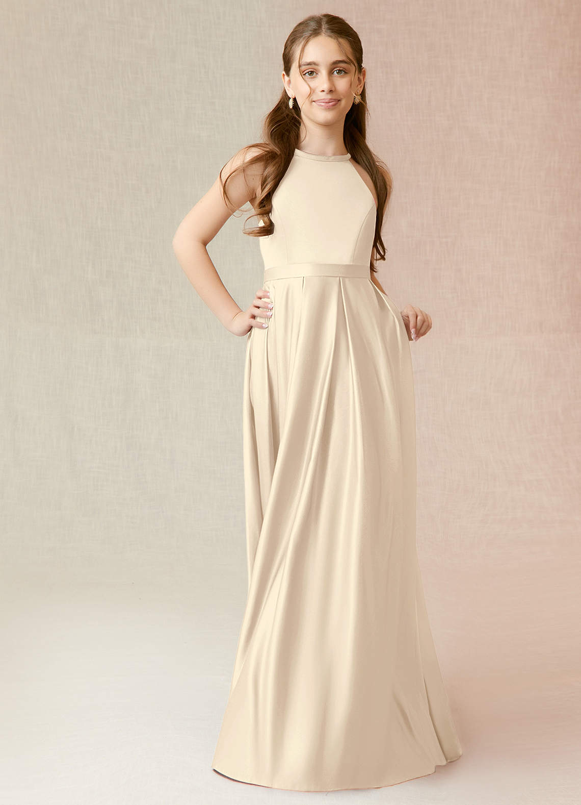 Azazie Arianthe A-Line Matte Satin Floor-Length Junior Bridesmaid Dress with Pockets image1