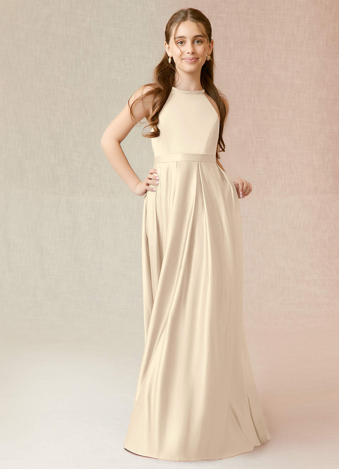 Azazie Arianthe Junior Champagne A-Line with Pockets Matte Satin Dress image3