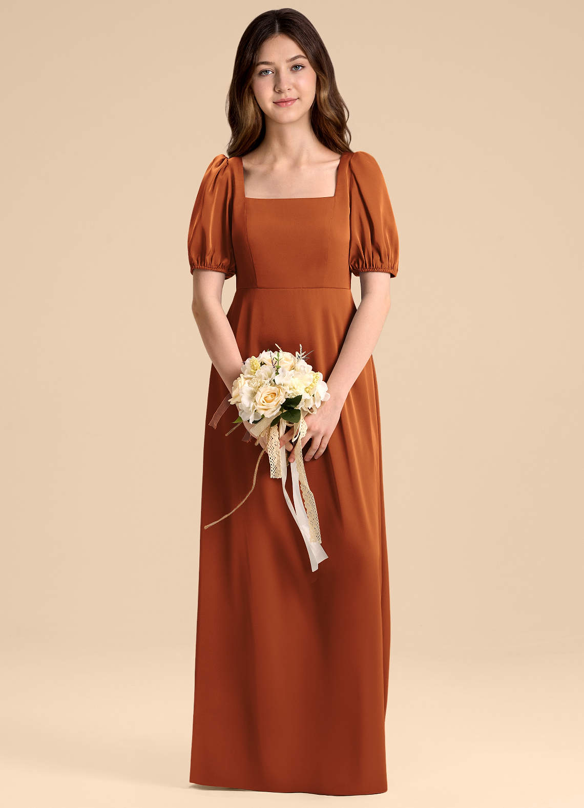 Azazie Briar Junior Cinnamon A-Line Bow Stretch Satin Dress image1