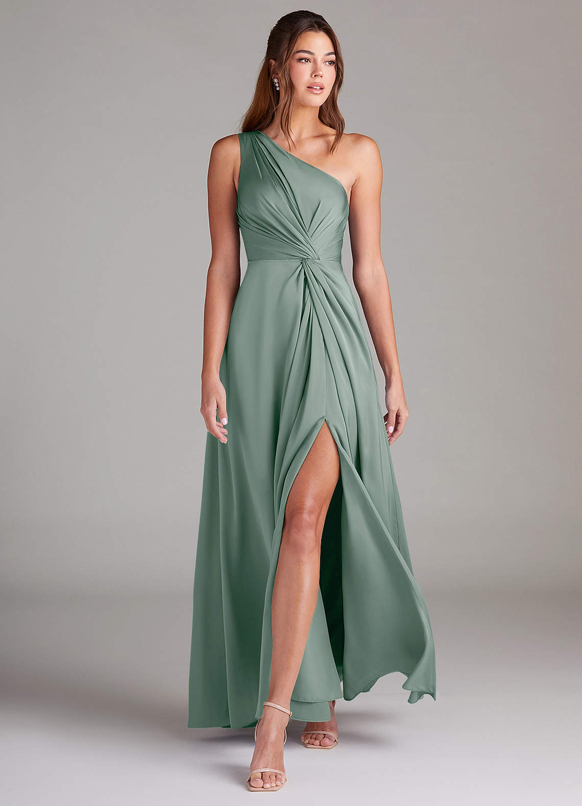 Azazie Brooke At-home Try On Dresses Emerald A-Line One Shoulder Stretch Satin Dress image3