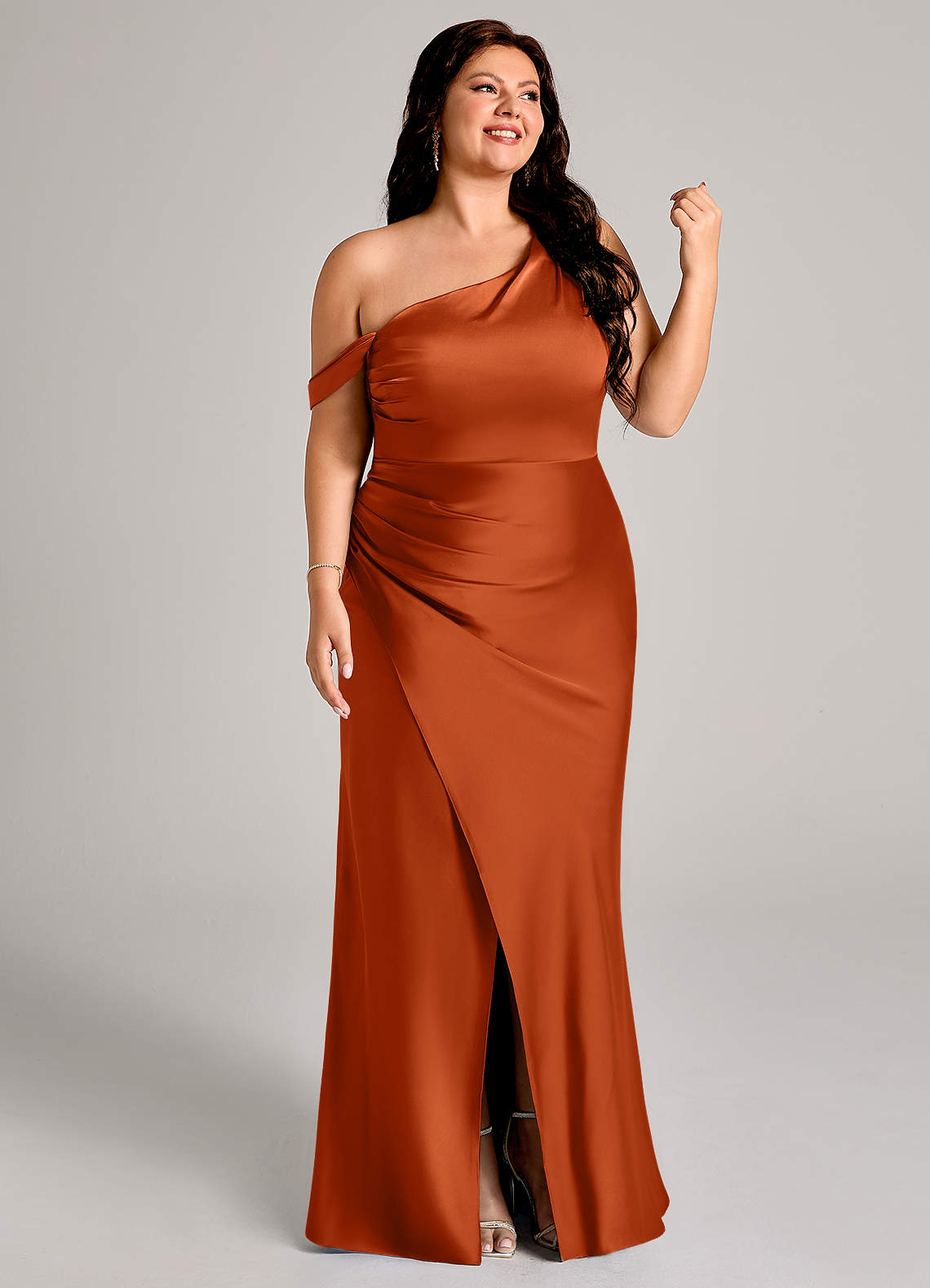 Azazie Madelyn Bridesmaid Dresses Burnt Orange Mermaid One Shoulder Stretch Satin Convertible Dress image12
