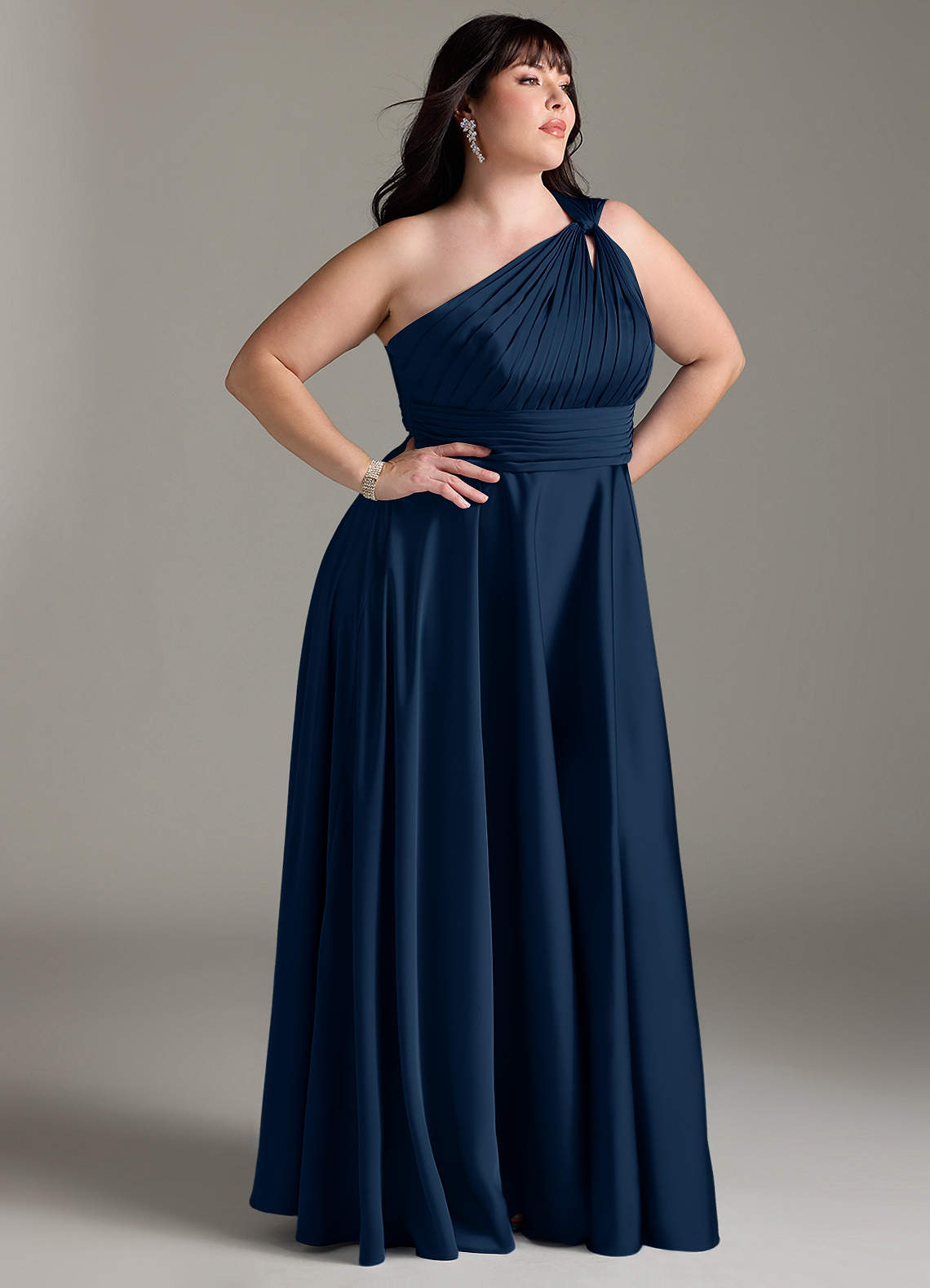 Azazie Charlize Bridesmaid Dresses Dark Navy A-Line One Shoulder Stretch Satin Dress image11