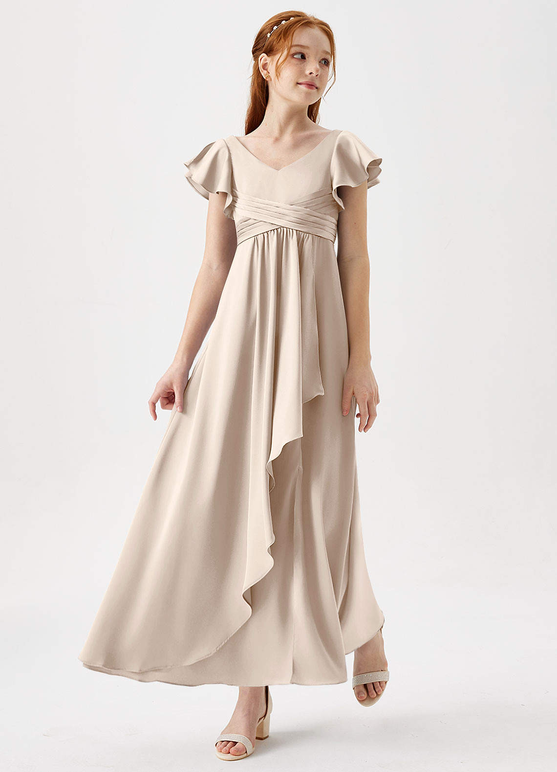 Azazie Omari Junior White Alabaster A-Line Pleated Stretch Satin Dress image1